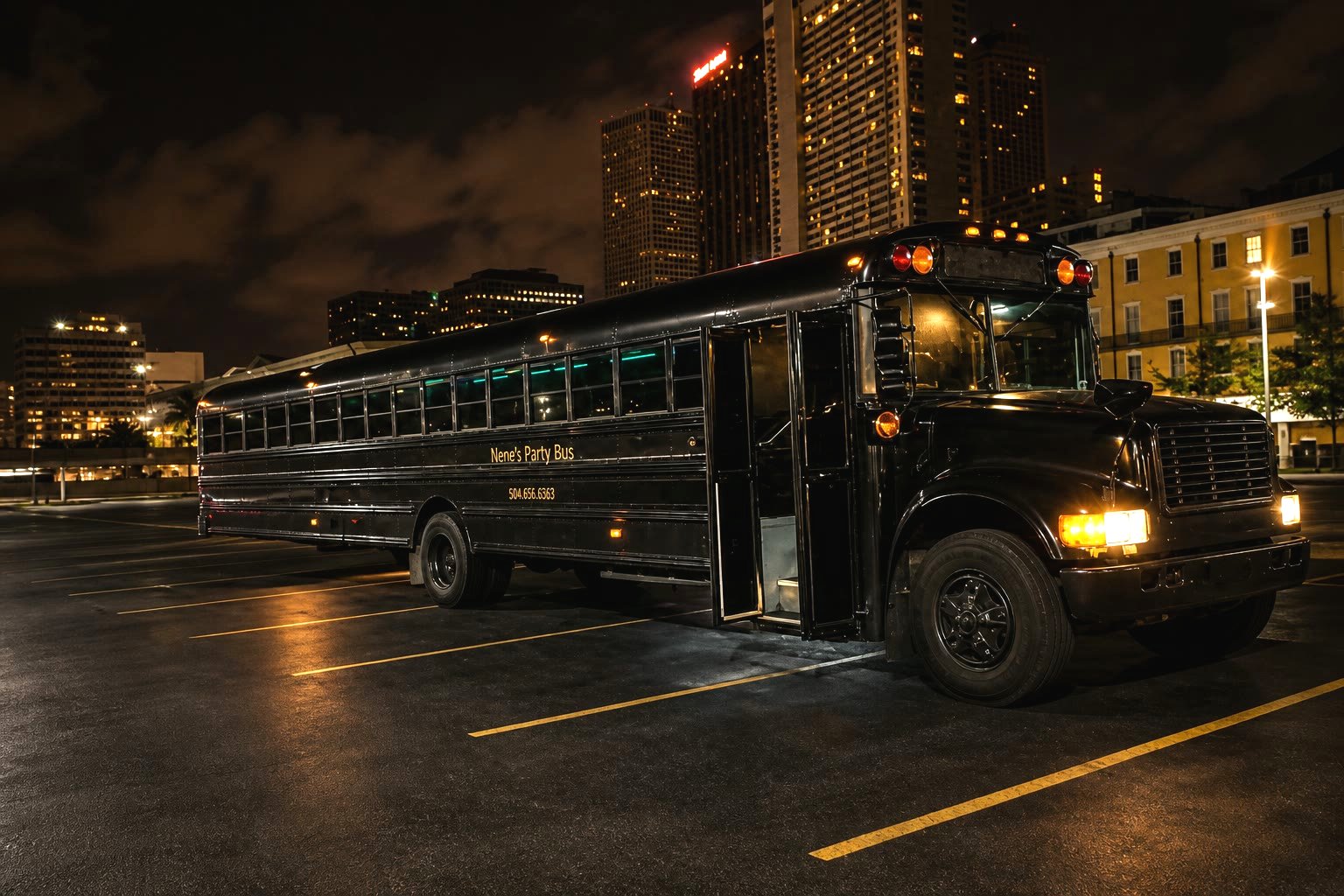 Nene's Party Bus parked at night in New Orleans
