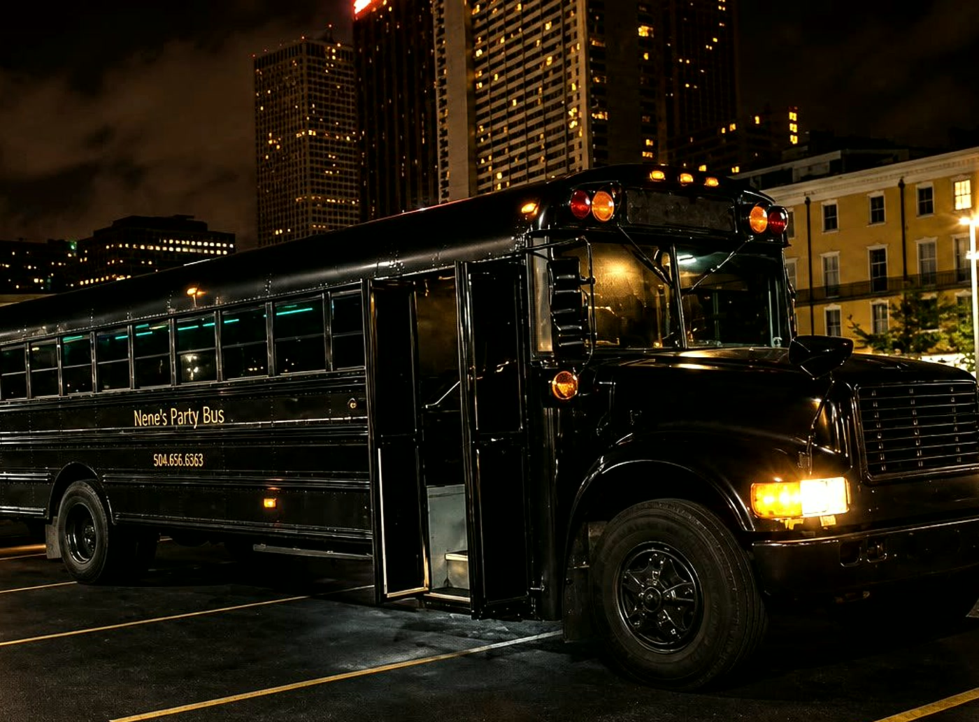 Nene's Party Bus parked at night in New Orleans