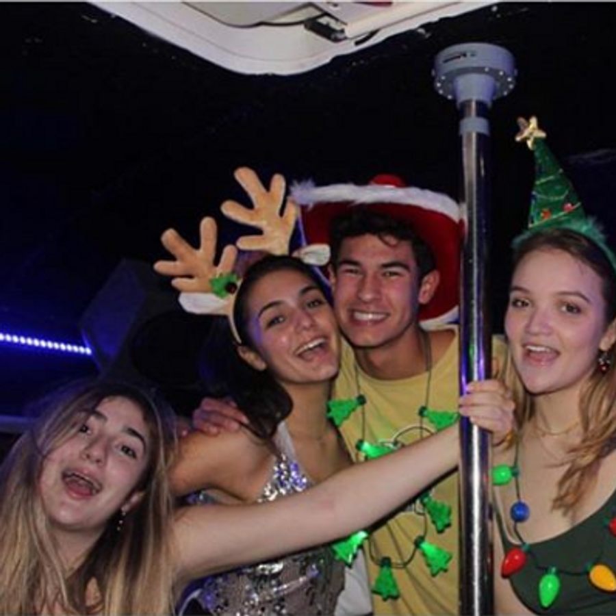 Holiday group inside Nene's Party Bus